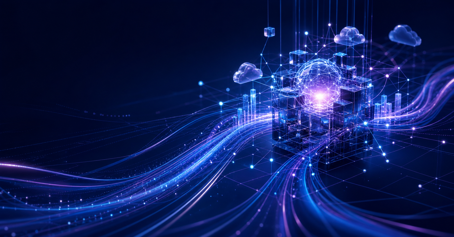 AI generated visual of enterprise data pipelines, cloud, lakehouse, dashboards, and analytics